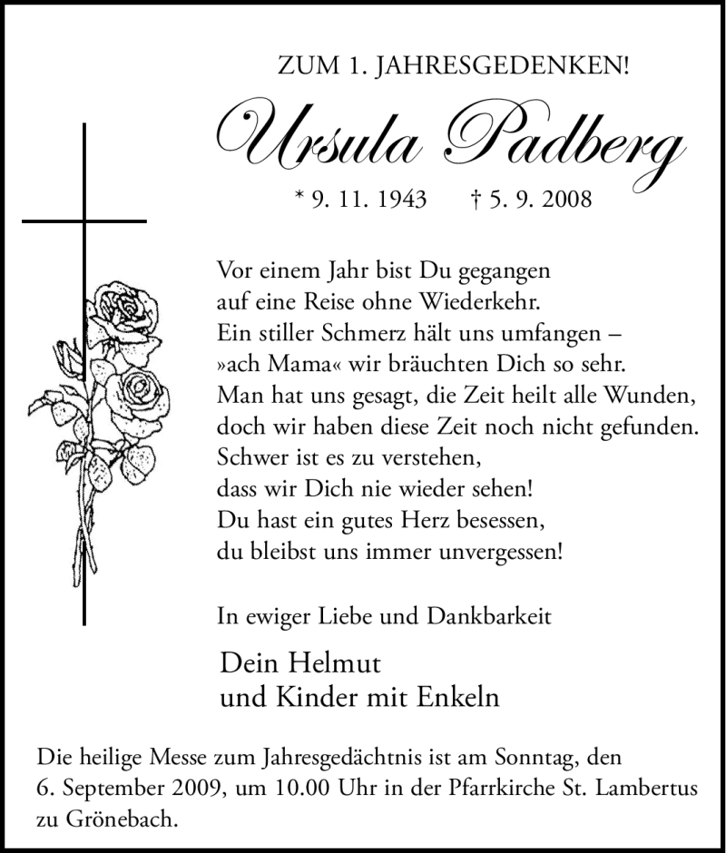  Traueranzeige für Ursula Padberg vom 02.09.2009 aus Tageszeitung