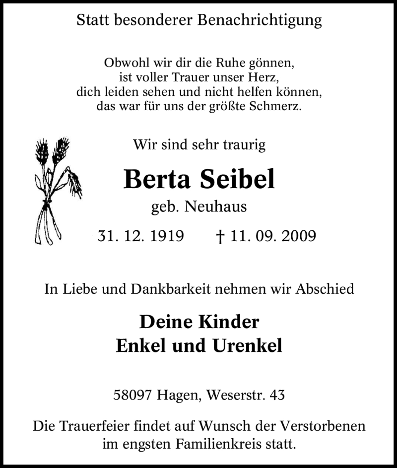  Traueranzeige für Berta Seibel vom 17.09.2009 aus Tageszeitung
