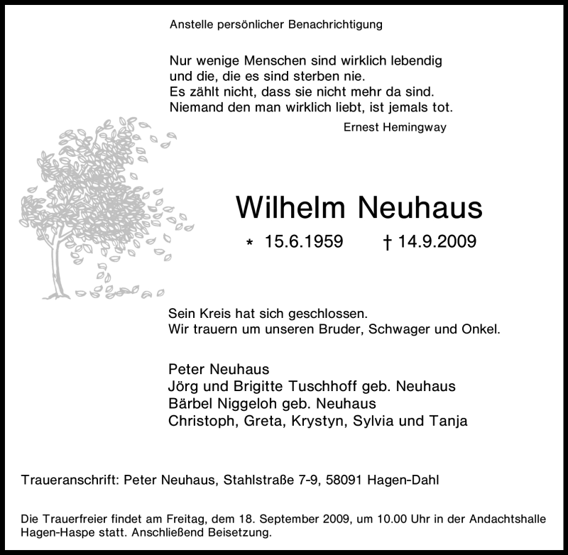  Traueranzeige für Wilhelm Neuhaus vom 16.09.2009 aus Tageszeitung