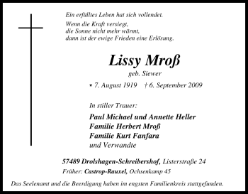 Traueranzeige von Lissy Mroß von Tageszeitung