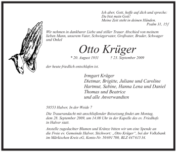 Traueranzeige von otto Krüger von Tageszeitung