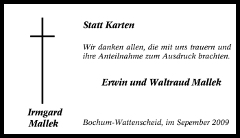 Traueranzeige von Irmgard Mallek von Tageszeitung
