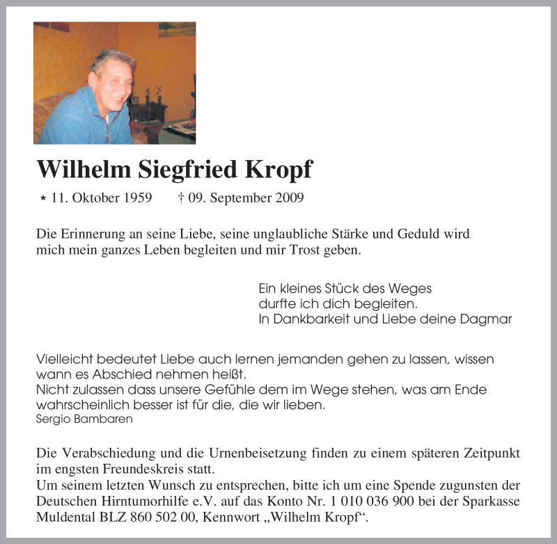 Traueranzeige für Wilhelm Siegfried Kropf vom 12.09.2009 aus Tageszeitung