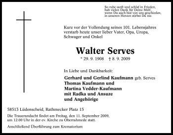 Traueranzeige von Walter Serves von Tageszeitung