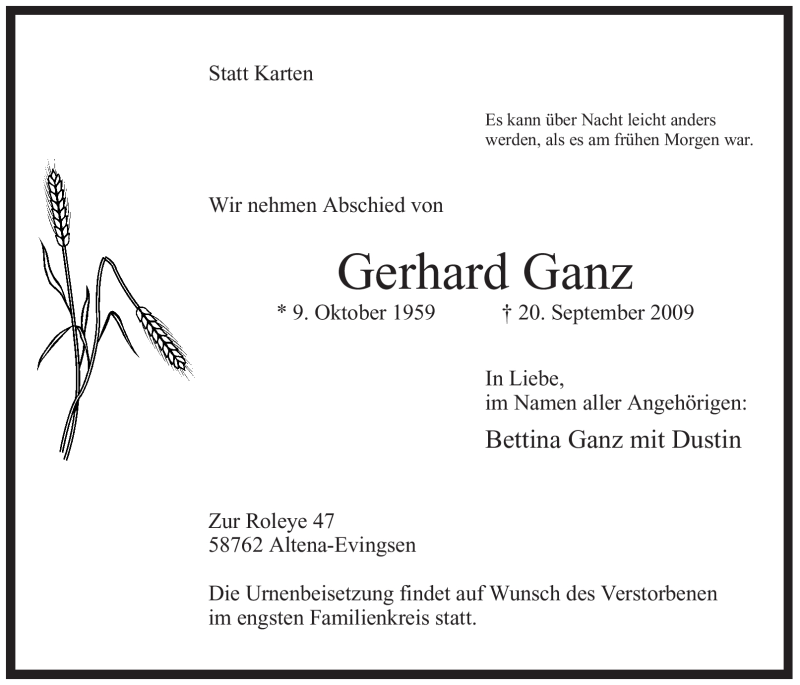  Traueranzeige für Gerhard Ganz vom 22.09.2009 aus Tageszeitung