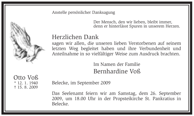  Traueranzeige für Otto Voß vom 19.09.2009 aus Tageszeitung