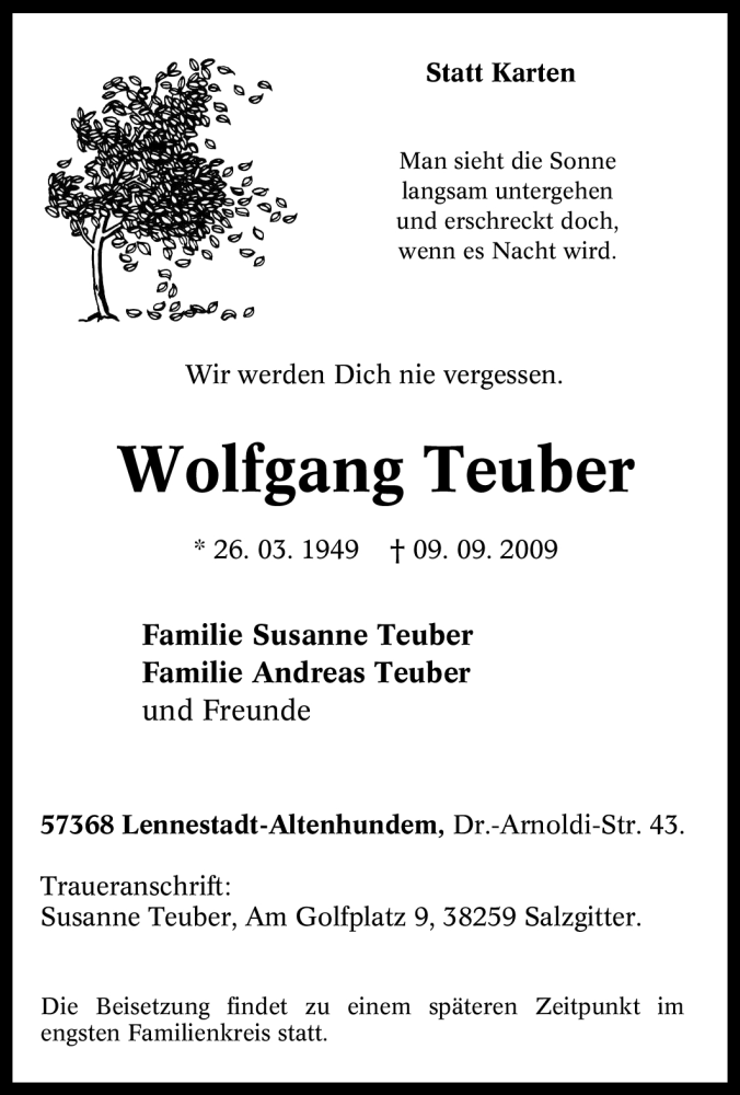 Traueranzeigen von Wolfgang Teuber TrauerinNRW.de
