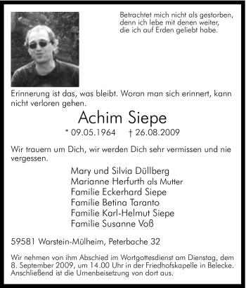 Traueranzeige von Achim Siepe von Tageszeitung