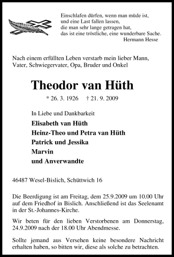 Traueranzeige von Theodor van Hüth von Tageszeitung