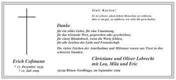 Traueranzeige von Erich Coßmann von Tageszeitung