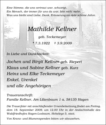 Traueranzeige von Mathilde Kellner von Tageszeitung