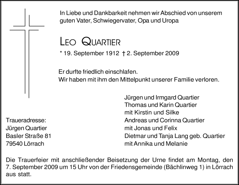  Traueranzeige für Leo Quartier vom 03.09.2009 aus Tageszeitung