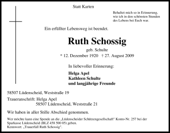 Traueranzeige von Ruth Schossig von Tageszeitung