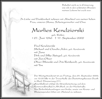Traueranzeige von Marlies Kendziorski von Tageszeitung