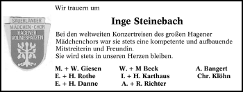 Traueranzeige von Inge Steinebach von Tageszeitung