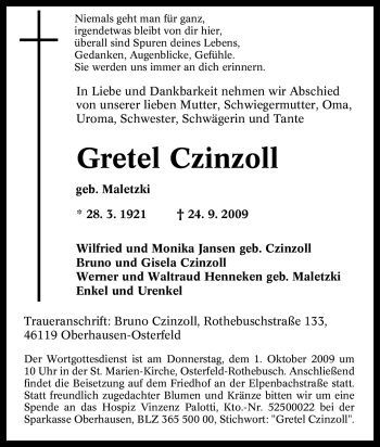 Traueranzeige von Gretel Czinzoll von Tageszeitung