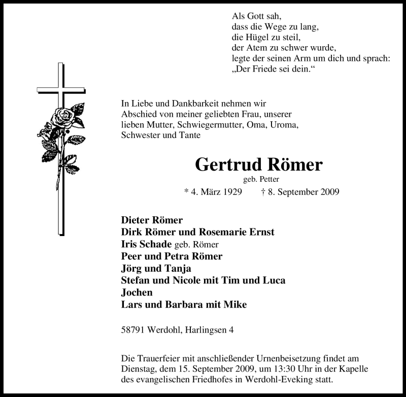  Traueranzeige für Gertrud Römer vom 12.09.2009 aus Tageszeitung