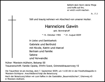 Traueranzeige von Hannelore Gawin von Tageszeitung