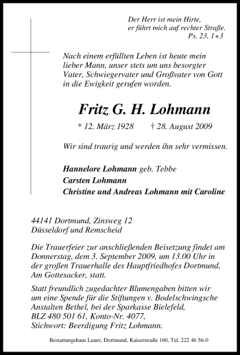 Traueranzeige von Fritz G. H Lohmann von Tageszeitung