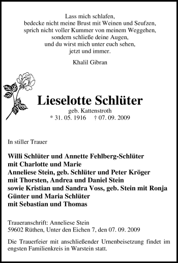 Traueranzeige von Lieselotte Schlüter von Tageszeitung