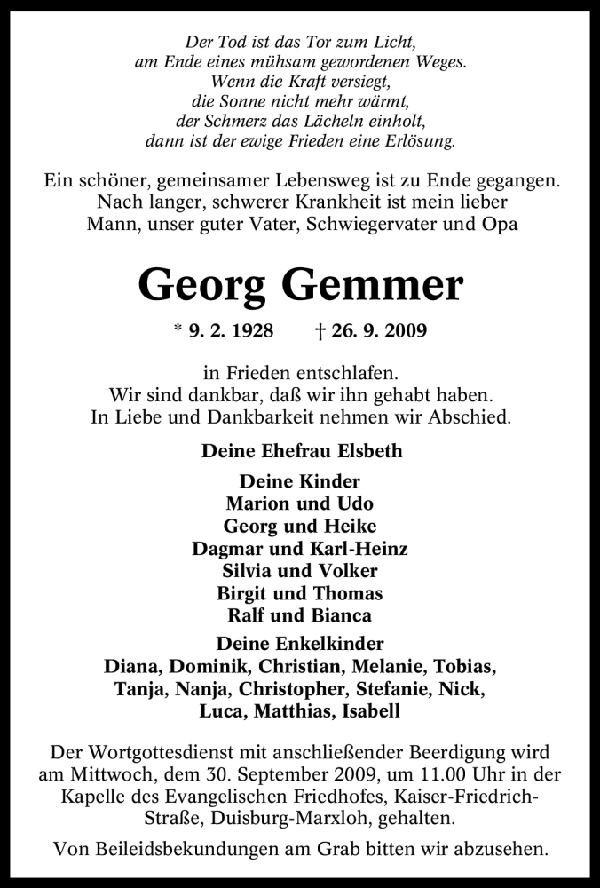 Traueranzeigen von Georg Gemmer | Trauer-in-NRW.de