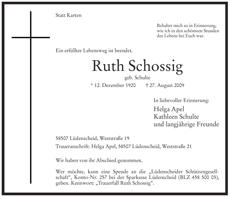  Traueranzeige für Ruth Schossig vom 01.09.2009 aus Tageszeitung