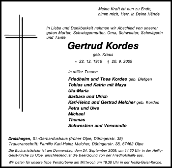 Traueranzeige von Gertrud Kordes von Tageszeitung