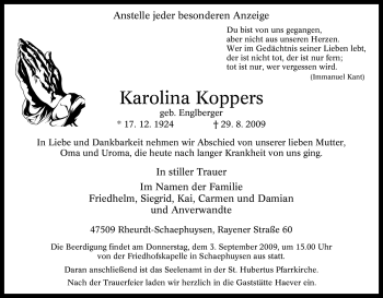 Traueranzeige von Karolina Koppers von Tageszeitung