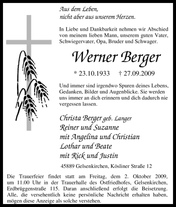Traueranzeige von Werner Berger von Tageszeitung