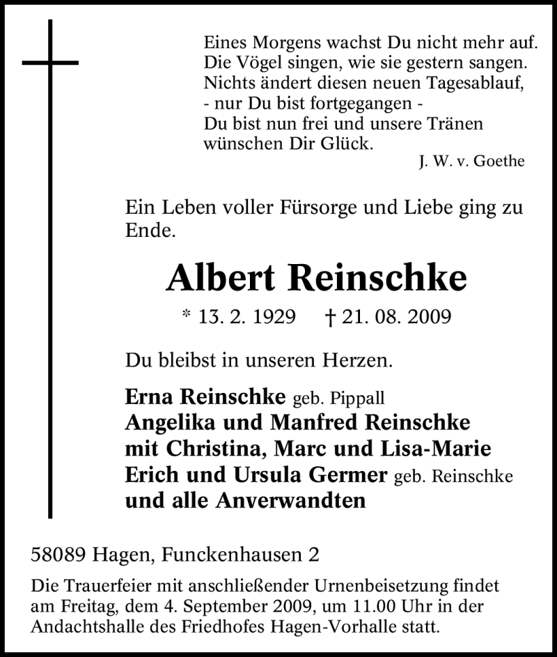  Traueranzeige für Albert Reinschke vom 01.09.2009 aus Tageszeitung