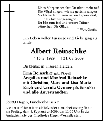 Traueranzeige von Albert Reinschke von Tageszeitung
