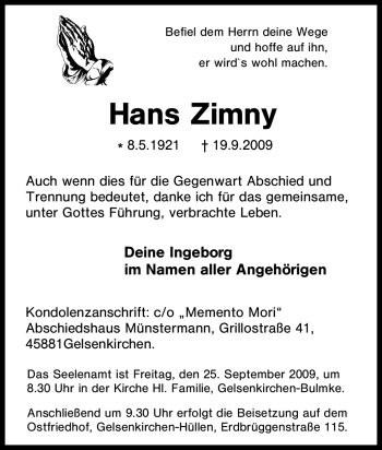 Traueranzeige von Hans Zimny von Tageszeitung