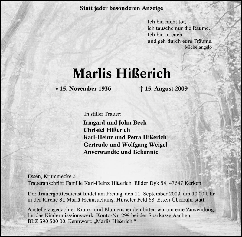  Traueranzeige für Marlis Hißerich vom 05.09.2009 aus Tageszeitung
