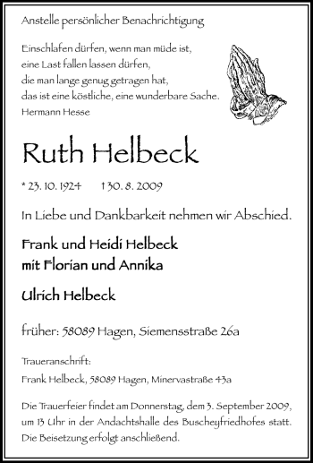 Traueranzeige von Ruth Helbeck von Tageszeitung