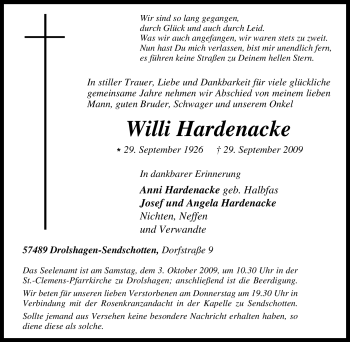 Traueranzeige von Willi Hardenacke von Tageszeitung