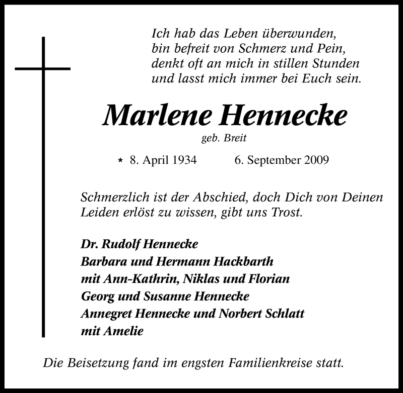  Traueranzeige für Marlene Hennecke vom 12.09.2009 aus Tageszeitung