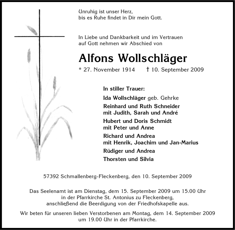  Traueranzeige für Alfons Wollschläger vom 12.09.2009 aus Tageszeitung