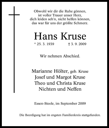 Traueranzeige von Hans Kruse von Tageszeitung