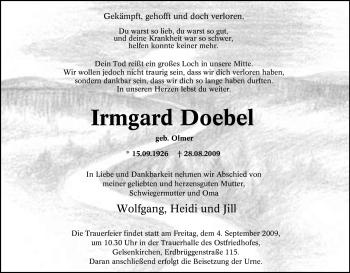 Traueranzeige von Irmgard Doebel von Tageszeitung