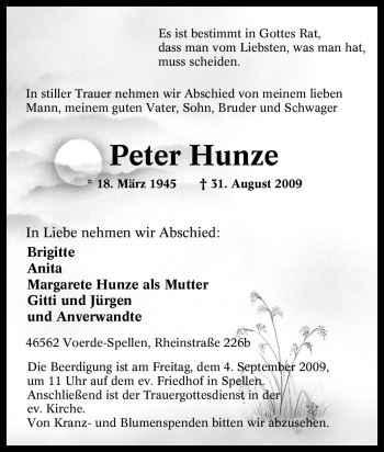 Traueranzeige von Peter Hunze von Tageszeitung