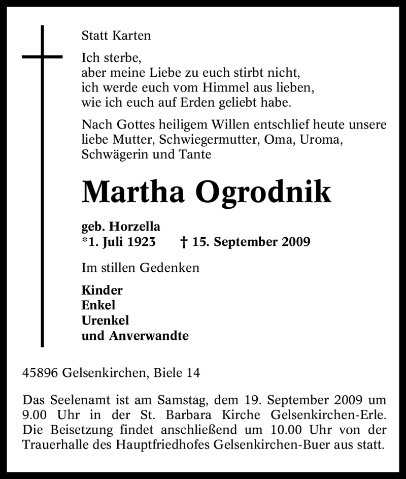 Traueranzeige für Martha Ogrodnik vom 16.09.2009 aus Tageszeitung