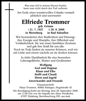 Traueranzeige von Elfriede Trommer von Tageszeitung