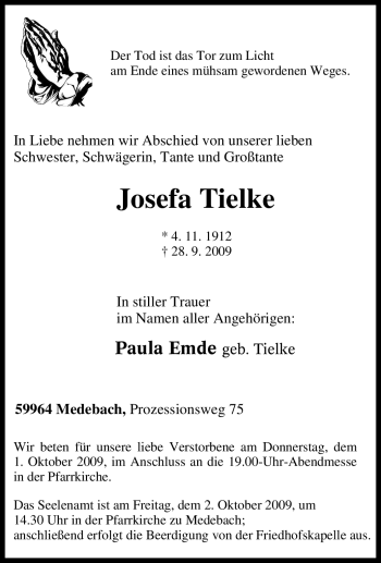 Traueranzeige von Josefa Tielke von Tageszeitung