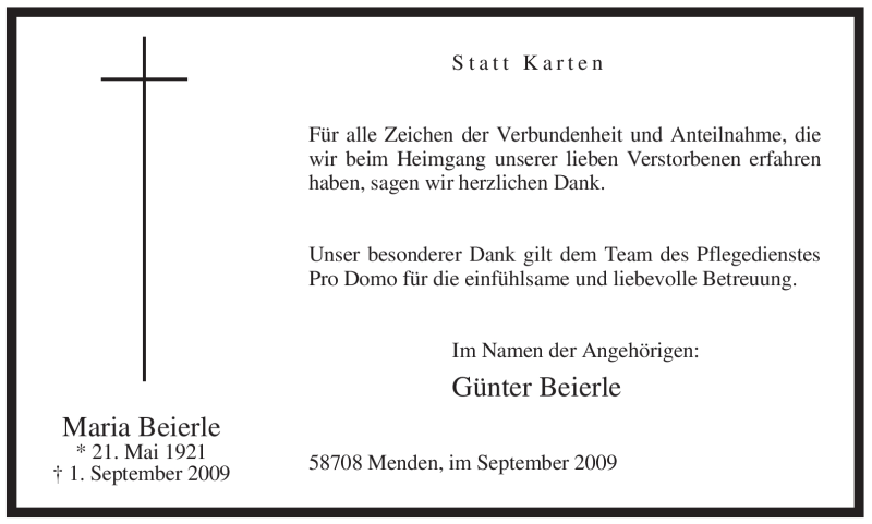  Traueranzeige für Maria Beierle vom 19.09.2009 aus Tageszeitung
