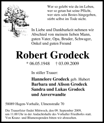 Traueranzeige von Robert Grodeck von Tageszeitung