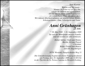 Traueranzeige von Anni Grünhagen von Tageszeitung