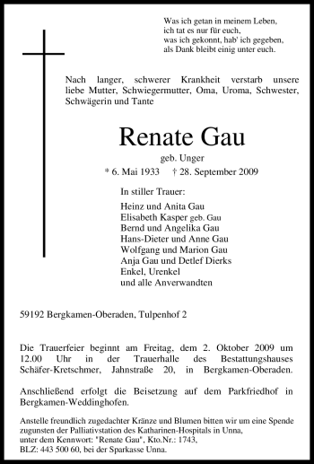 Traueranzeige von Renate Gau von Tageszeitung