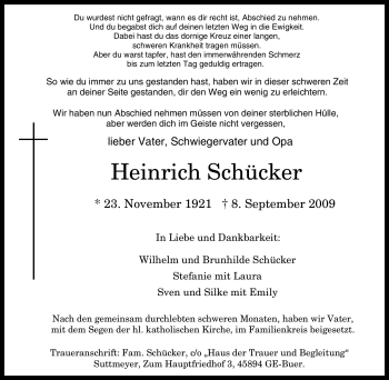 Traueranzeige von Heinrich Schücker von Tageszeitung