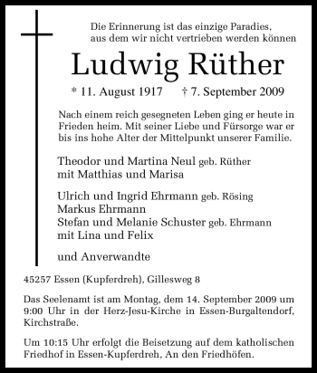 Traueranzeige von Ludwig Rüther von Tageszeitung