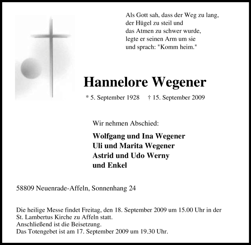 Traueranzeigen Von Hannelore Wegener Trauer In NRW De